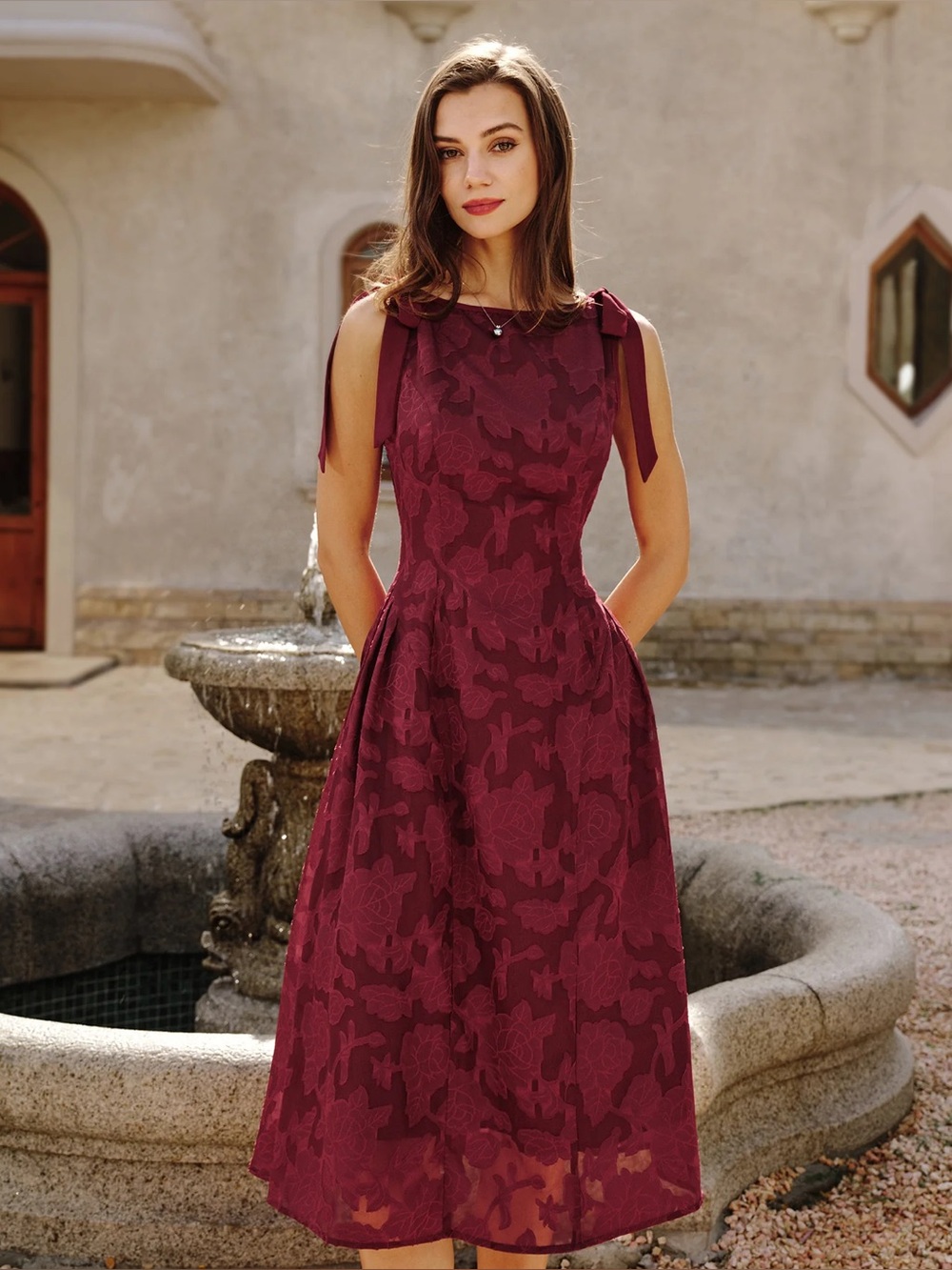 Rihoas Red Jacquard Midi Dress with bow tie shoulder straps